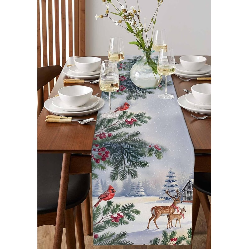 Christmas Reindeer Table Runner with Birds Berries and Snowflakes