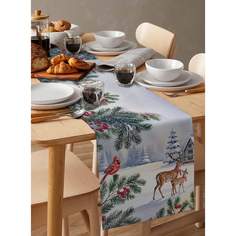 Christmas Reindeer Table Runner with Birds Berries and Snowflakes