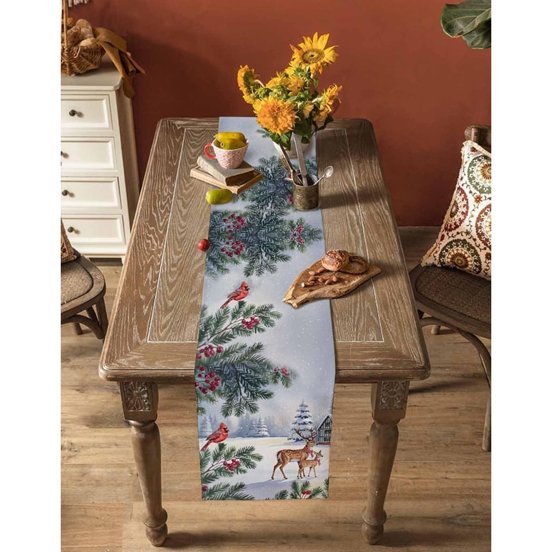Christmas Reindeer Table Runner with Birds Berries and Snowflakes