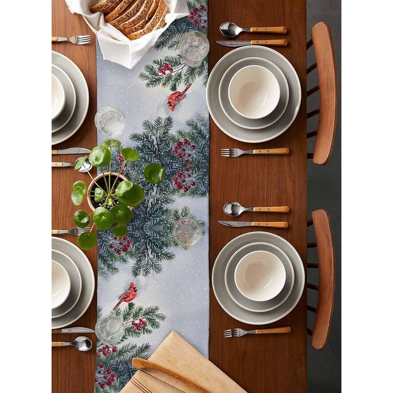 Christmas Reindeer Table Runner with Birds Berries and Snowflakes