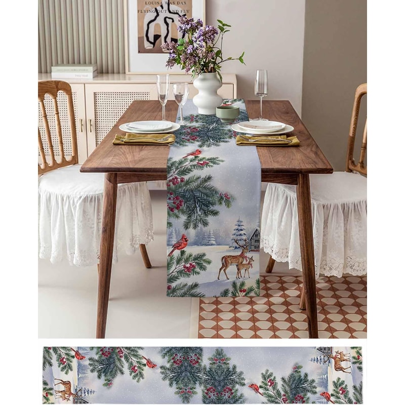 Christmas Reindeer Table Runner with Birds Berries and Snowflakes