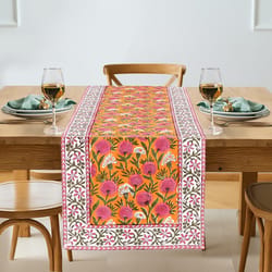 tangerine hand block printed cotton table runner for boho dining and wedding decor