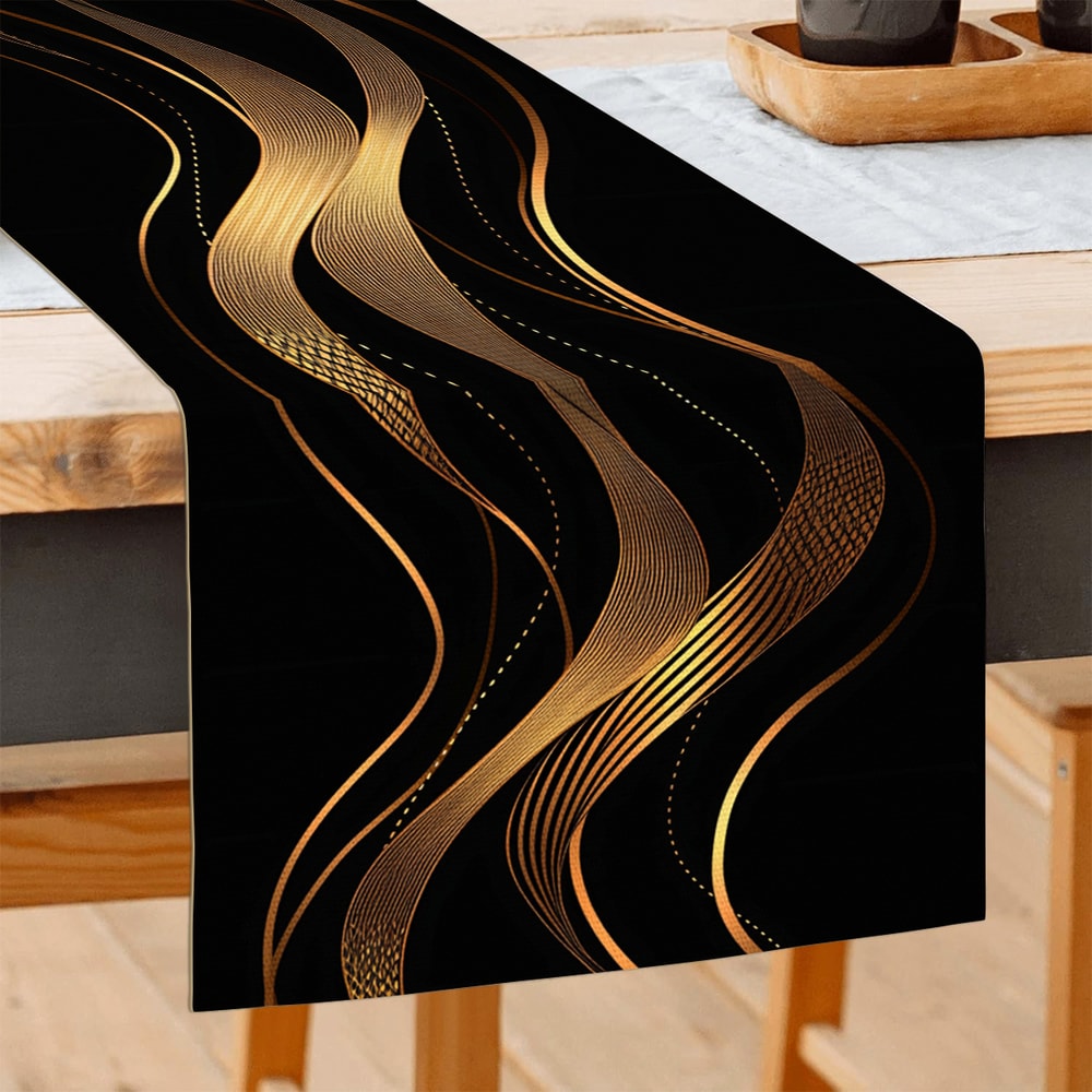Black Gold Wave Table Runner For Luxury Dining And Event Decor 0