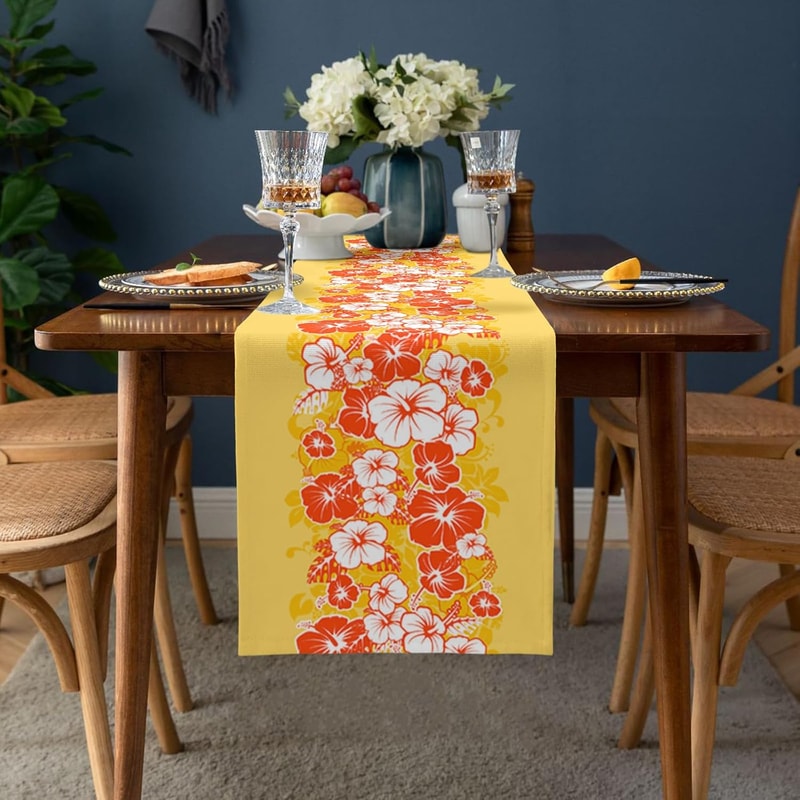 Tropical Hibiscus Linen Table Runner for Hawaiian Dining and Summer Party Decor