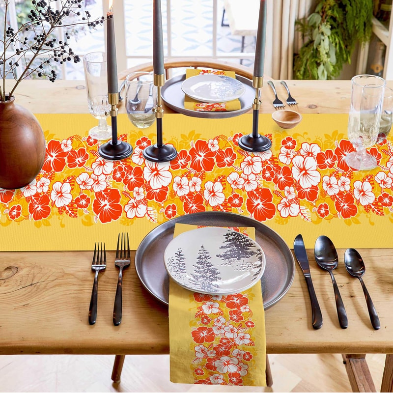Tropical Hibiscus Linen Table Runner for Hawaiian Dining and Summer Party Decor