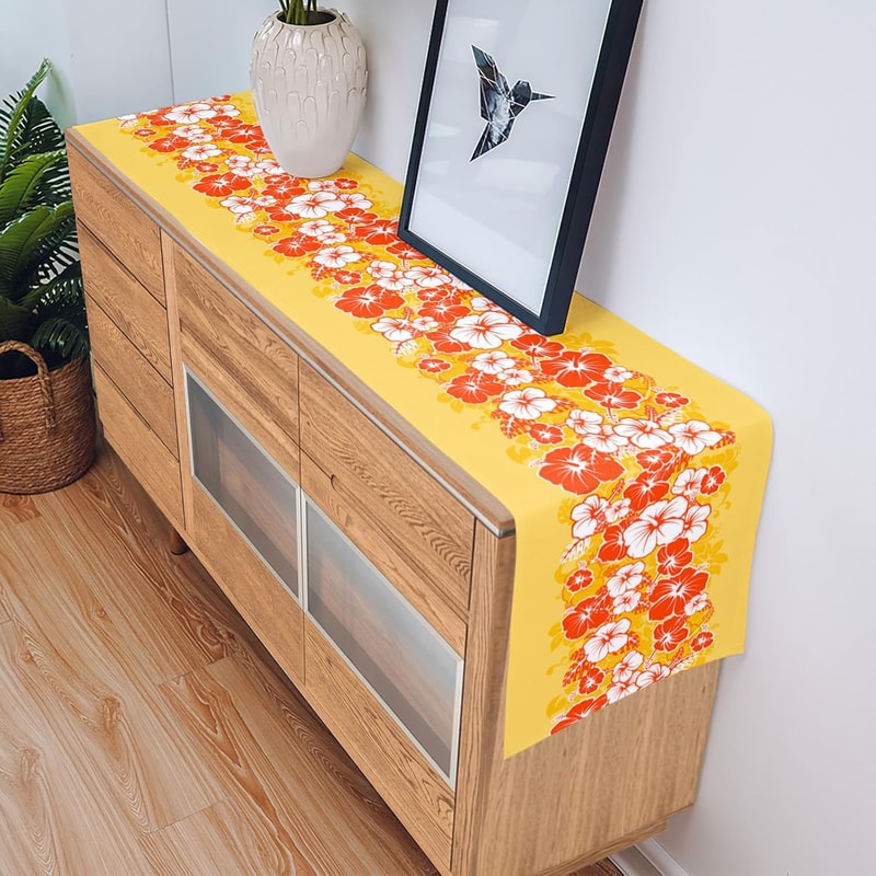 Tropical Hibiscus Linen Table Runner for Hawaiian Dining and Summer Party Decor