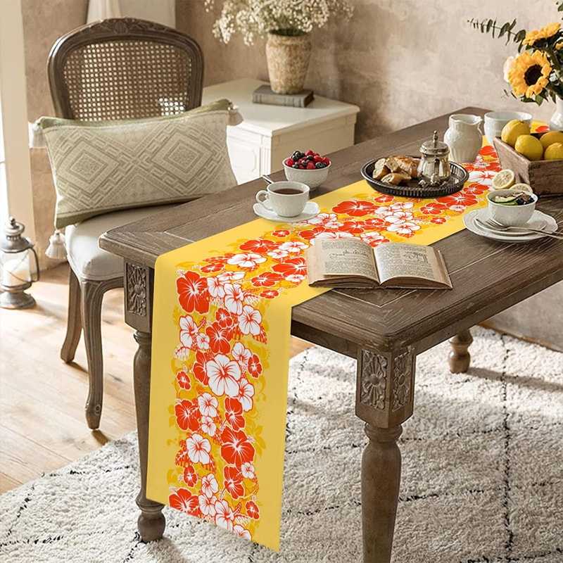 Tropical Hibiscus Linen Table Runner for Hawaiian Dining and Summer Party Decor