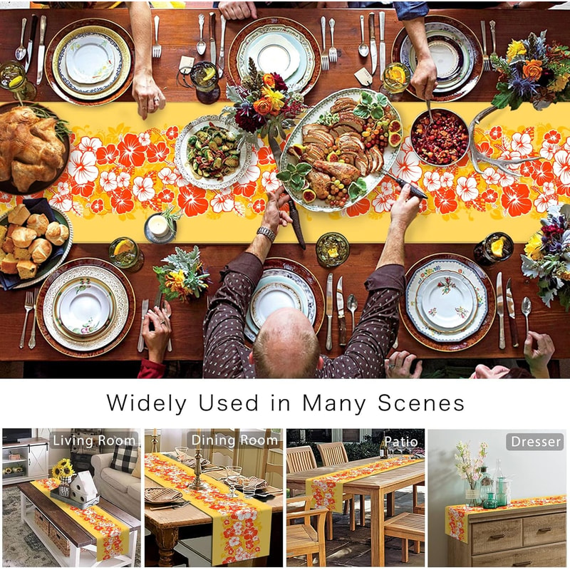 Tropical Hibiscus Linen Table Runner for Hawaiian Dining and Summer Party Decor