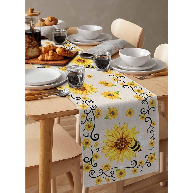 Sunflower Bee Linen Table Runner for Farmhouse Summer Table Decor