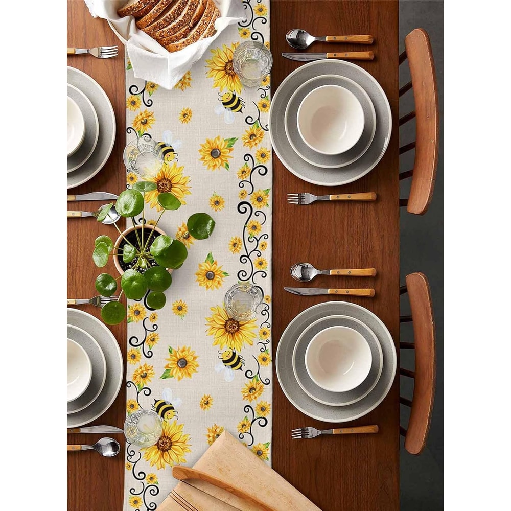 Sunflower Bee Linen Table Runner for Farmhouse Summer Table Decor