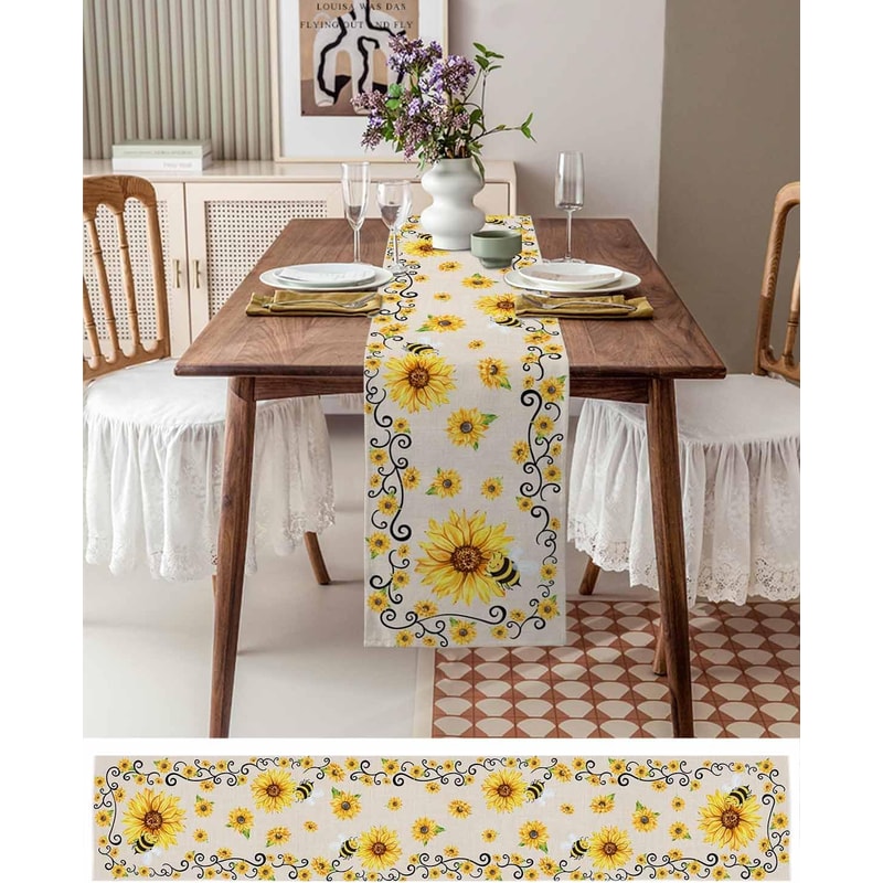 Sunflower Bee Linen Table Runner for Farmhouse Summer Table Decor