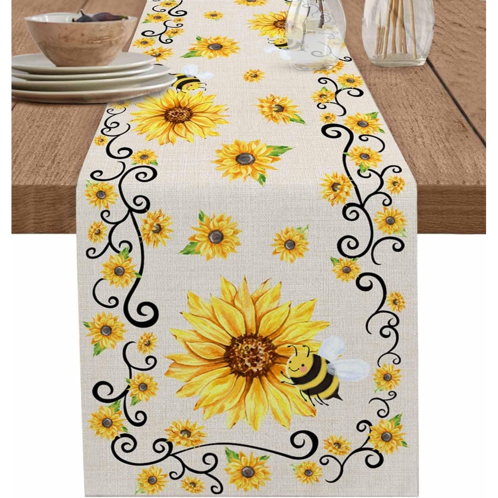 Sunflower Bee Linen Table Runner for Farmhouse Summer Table Decor