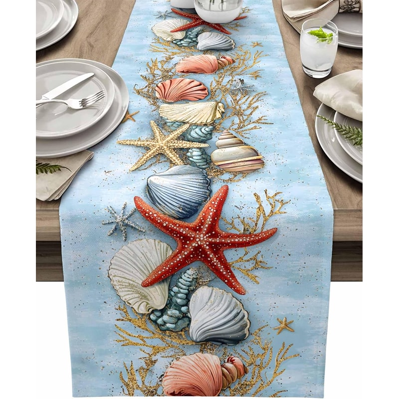 Coastal Table Runner With Seashell Starfish Print For Beach Dining Decor 0