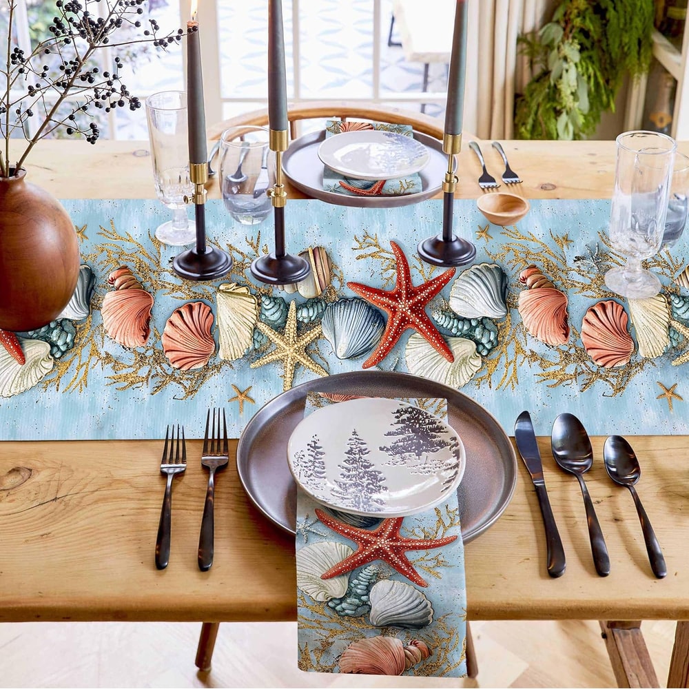 Coastal Table Runner With Seashell Starfish Print For Beach Dining Decor 2