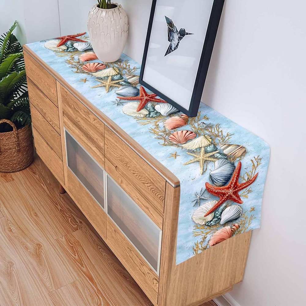 Coastal Table Runner With Seashell Starfish Print For Beach Dining Decor 3