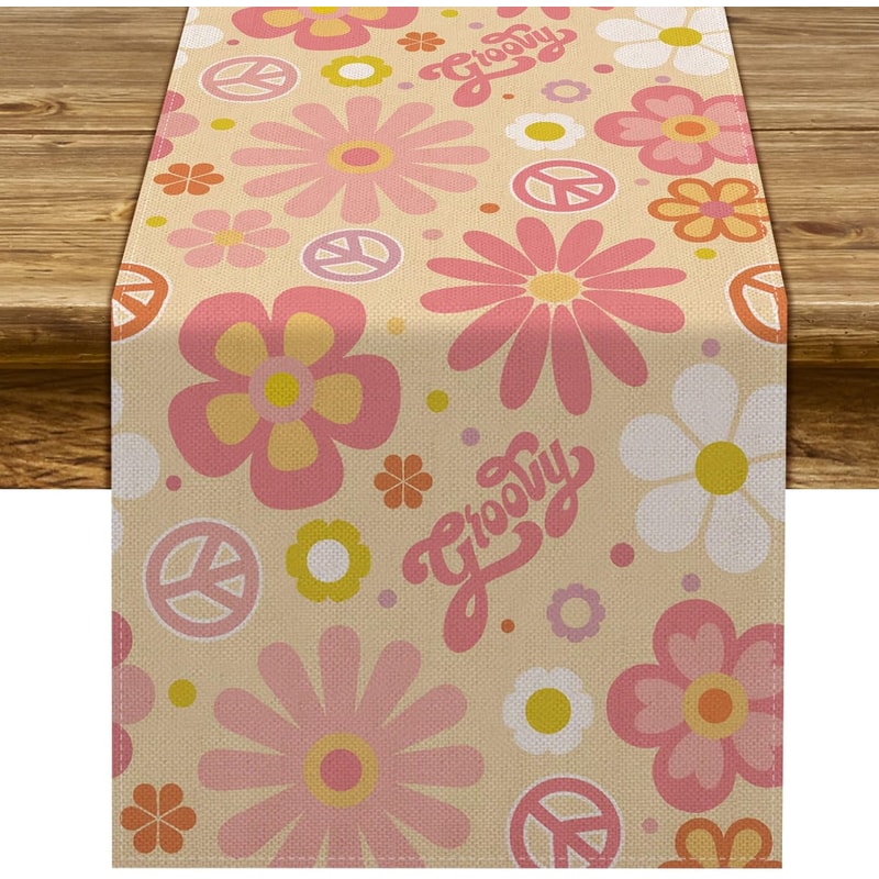 Groovy Daisy Boho Table Runner Retro Linen Dresser Scarf 5