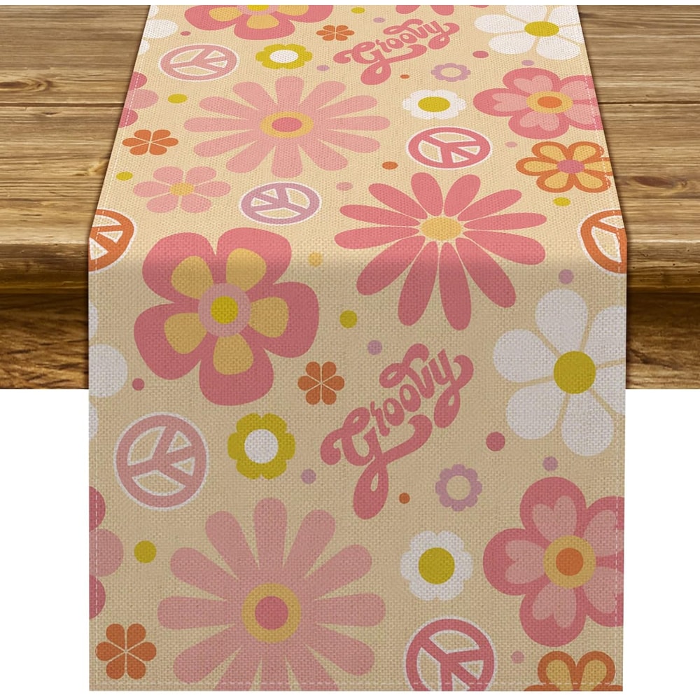 Groovy Daisy Boho Table Runner Retro Linen Dresser Scarf 4