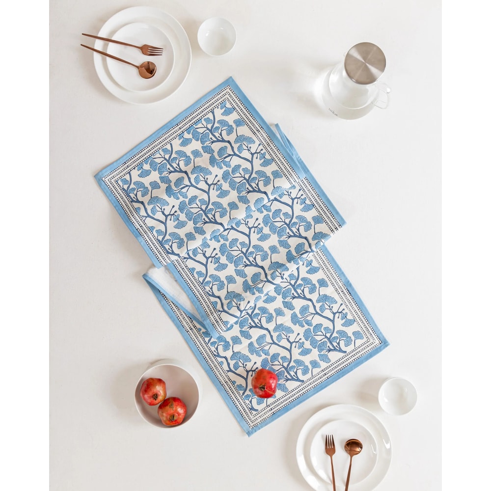 Blue Ginkgo Leaf Linen Table Runner For Elegant Dining Decor 1