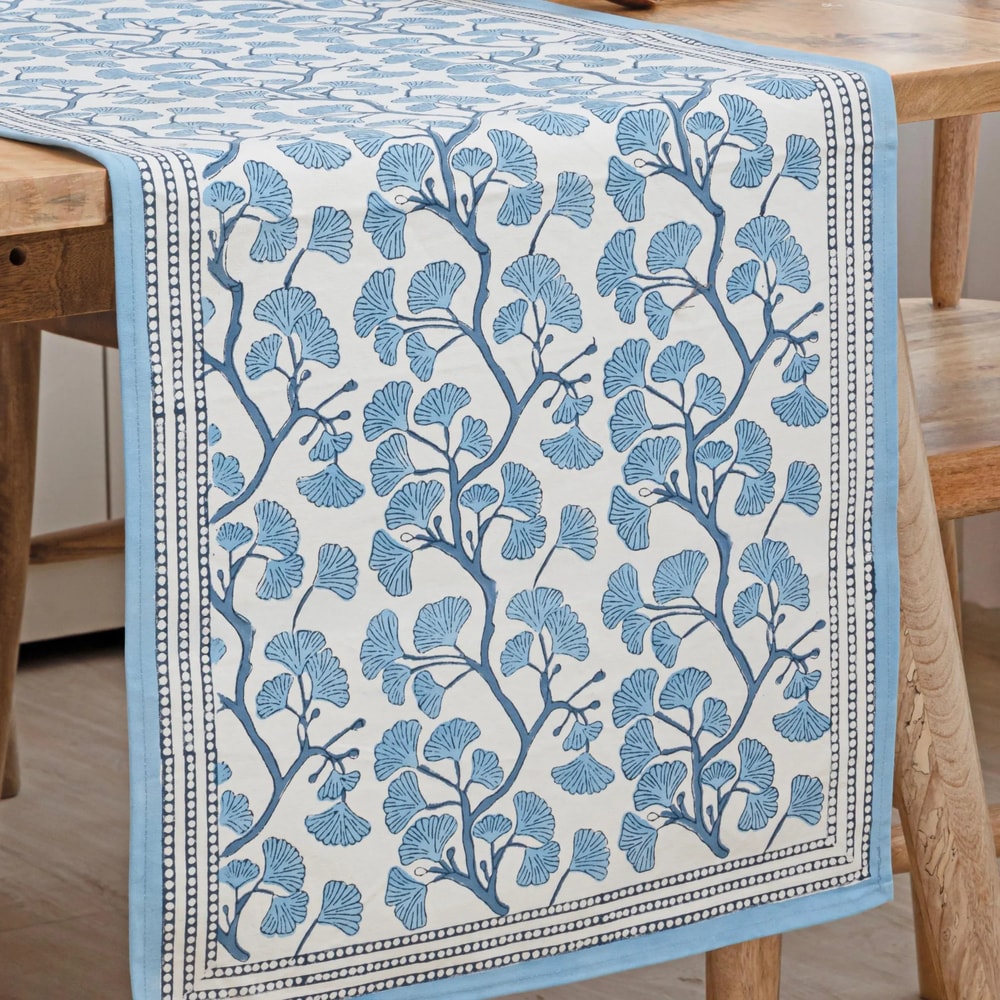 Blue Ginkgo Leaf Linen Table Runner For Elegant Dining Decor 3