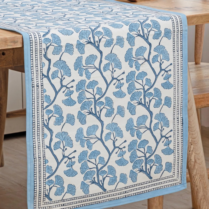 Blue Ginkgo Leaf Linen Table Runner For Elegant Dining Decor 3