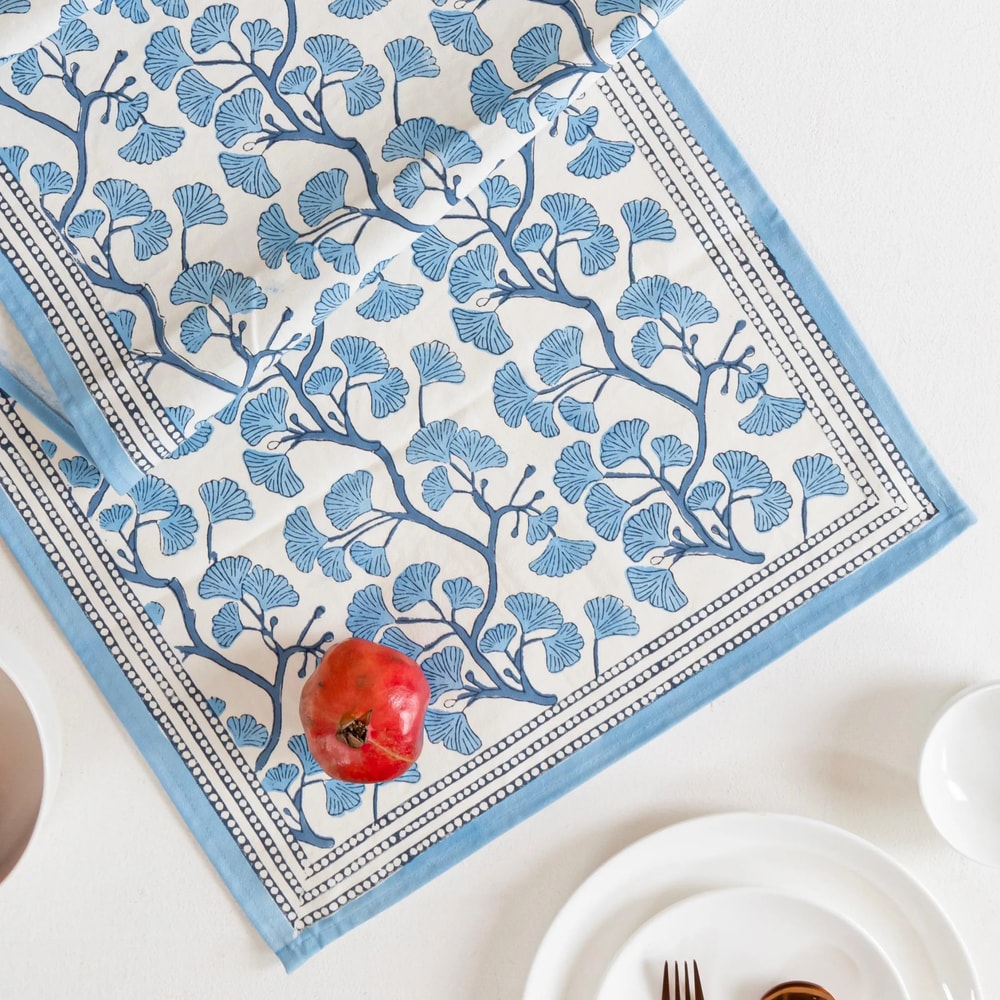 Blue Ginkgo Leaf Linen Table Runner For Elegant Dining Decor 4