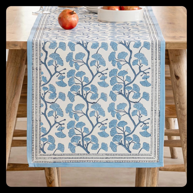 Blue Ginkgo Leaf Linen Table Runner For Elegant Dining Decor 5