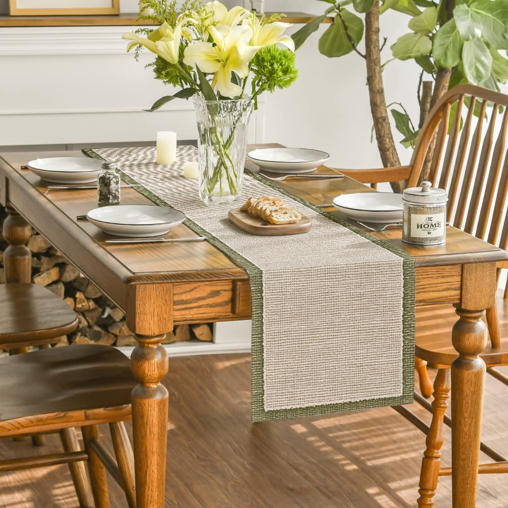 Beige Green Striped Table Runner For Elegant Dining And Coffee Table Decor 1