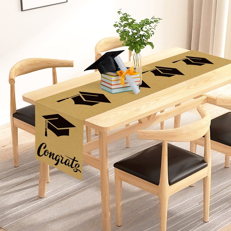 Rustic Graduation Table Runner With Grad Cap Pattern For Party Tables 3