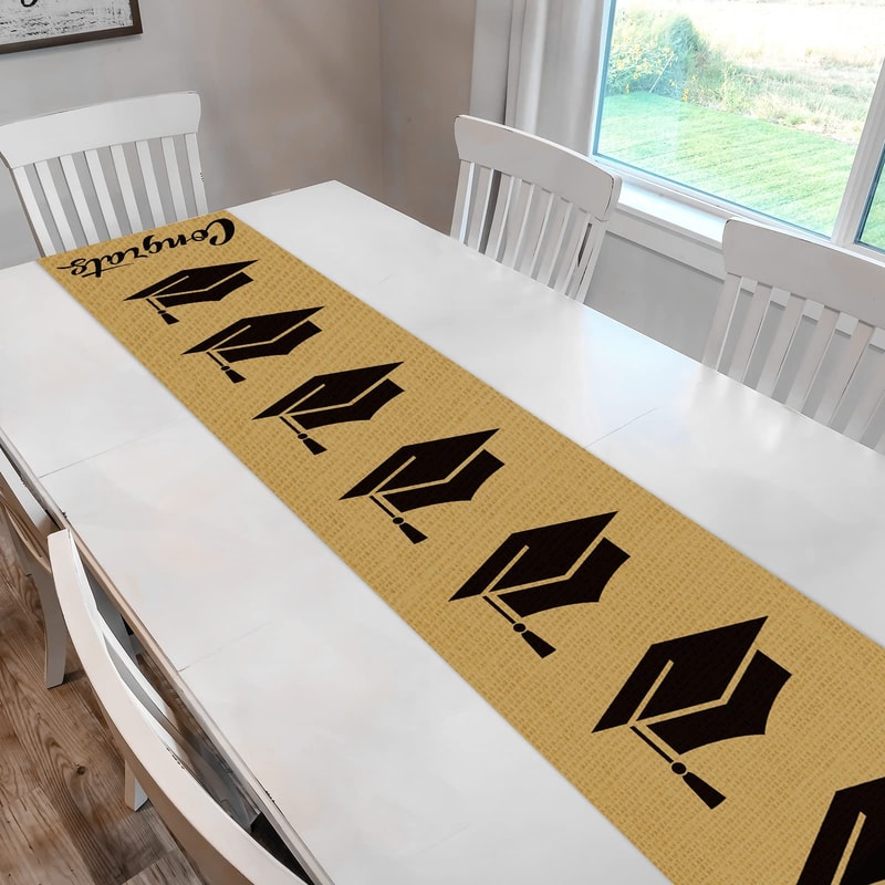 Rustic Graduation Table Runner With Grad Cap Pattern For Party Tables 4