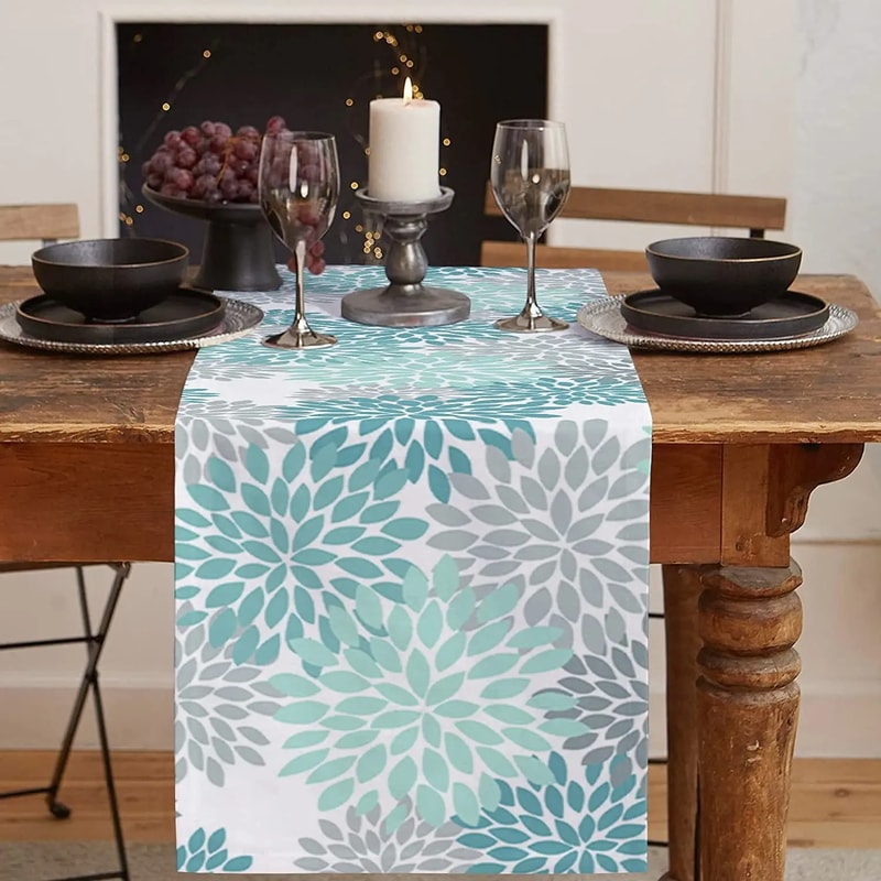 Dahlia Floral Table Runner Washable Linen Dining Decor 1