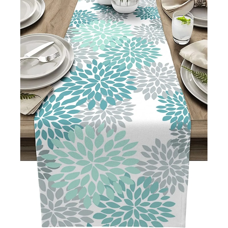 Dahlia Floral Table Runner Washable Linen Dining Decor 5