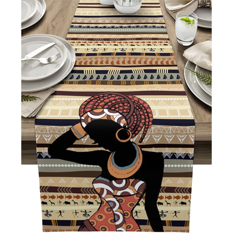 African Ethnic Linen Look Table Runner for Dining and Holiday Decor