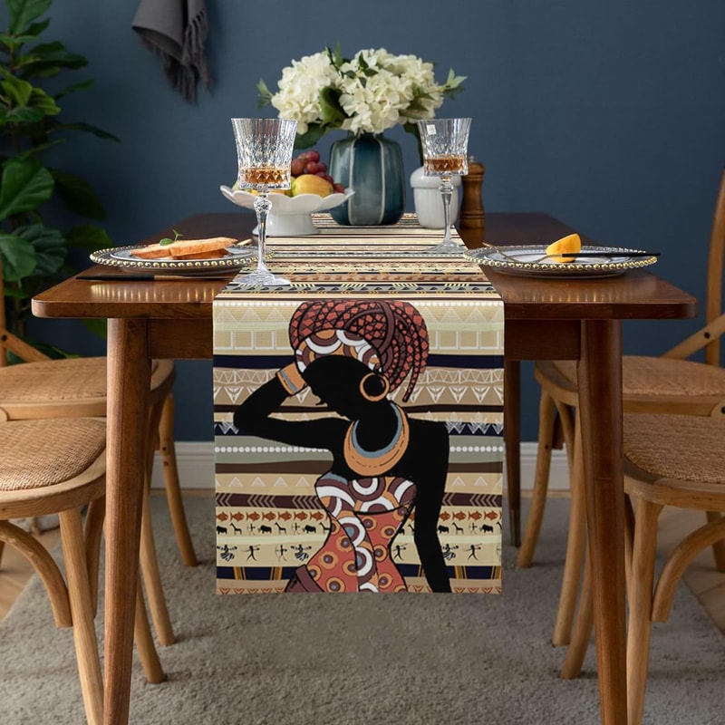 African Ethnic Linen Look Table Runner for Dining and Holiday Decor
