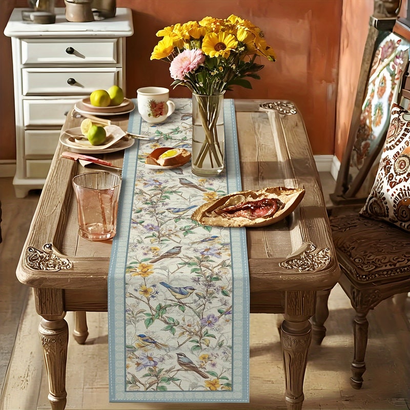 Spring Floral Bird Table Runner For Kitchen And Party Decor 0