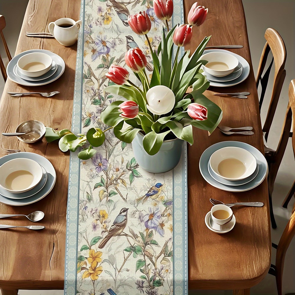 Spring Floral Bird Table Runner For Kitchen And Party Decor 4