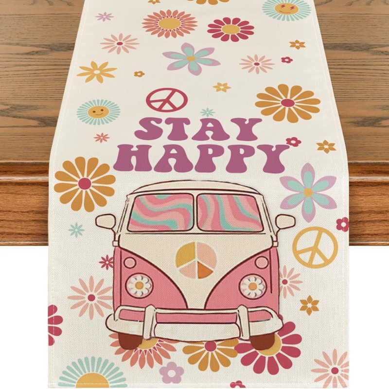 Groovy Daisy Hippie Table Runner For Retro Kitchen And Party Decor 4