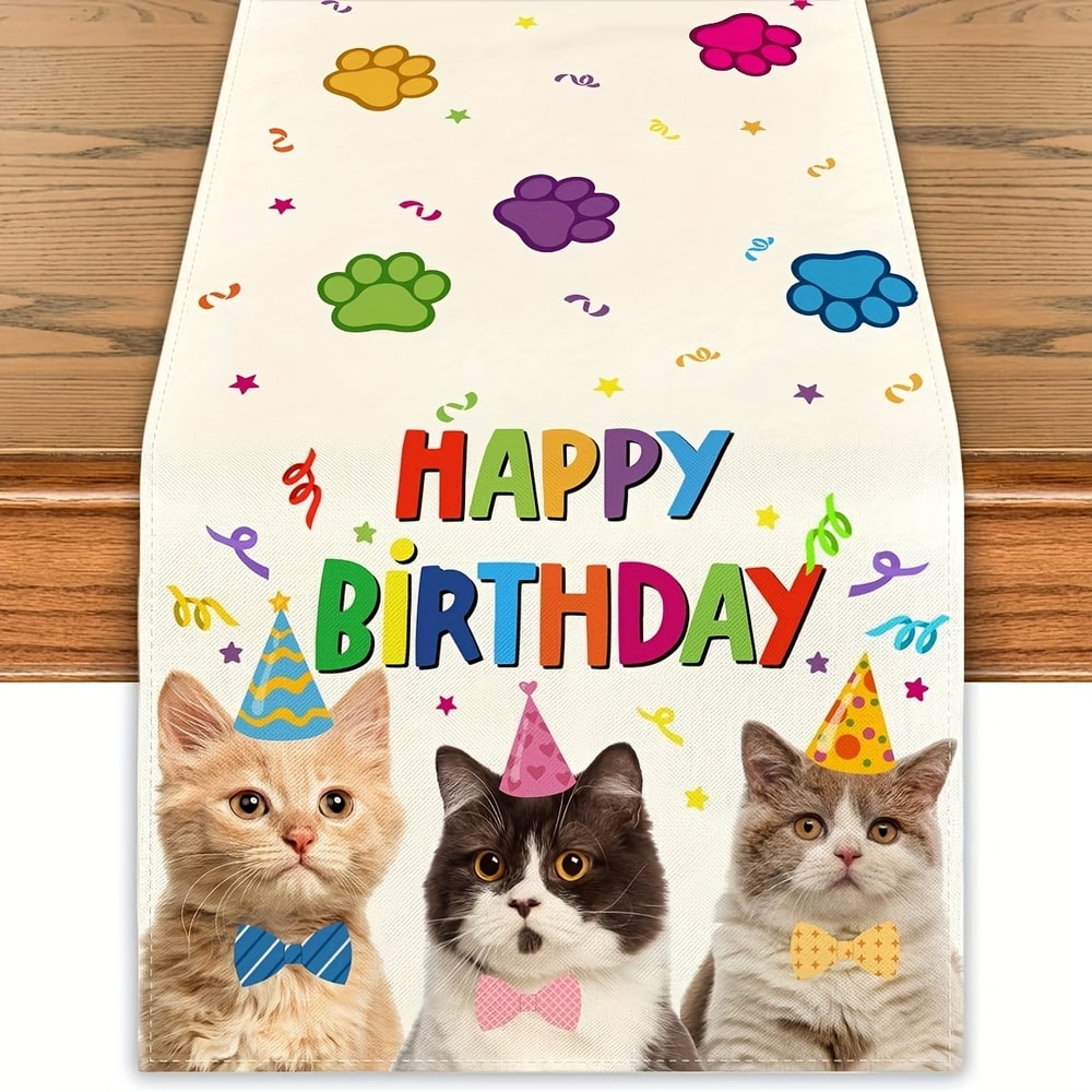 Cute Cat Birthday Table Runner Paw Print Linen Party Decor 0