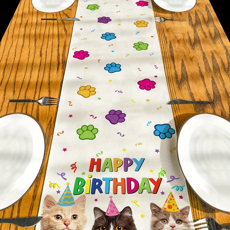 Cute Cat Birthday Table Runner Paw Print Linen Party Decor 2