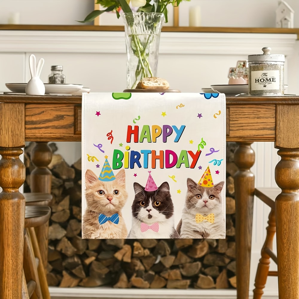 Cute Cat Birthday Table Runner Paw Print Linen Party Decor 3