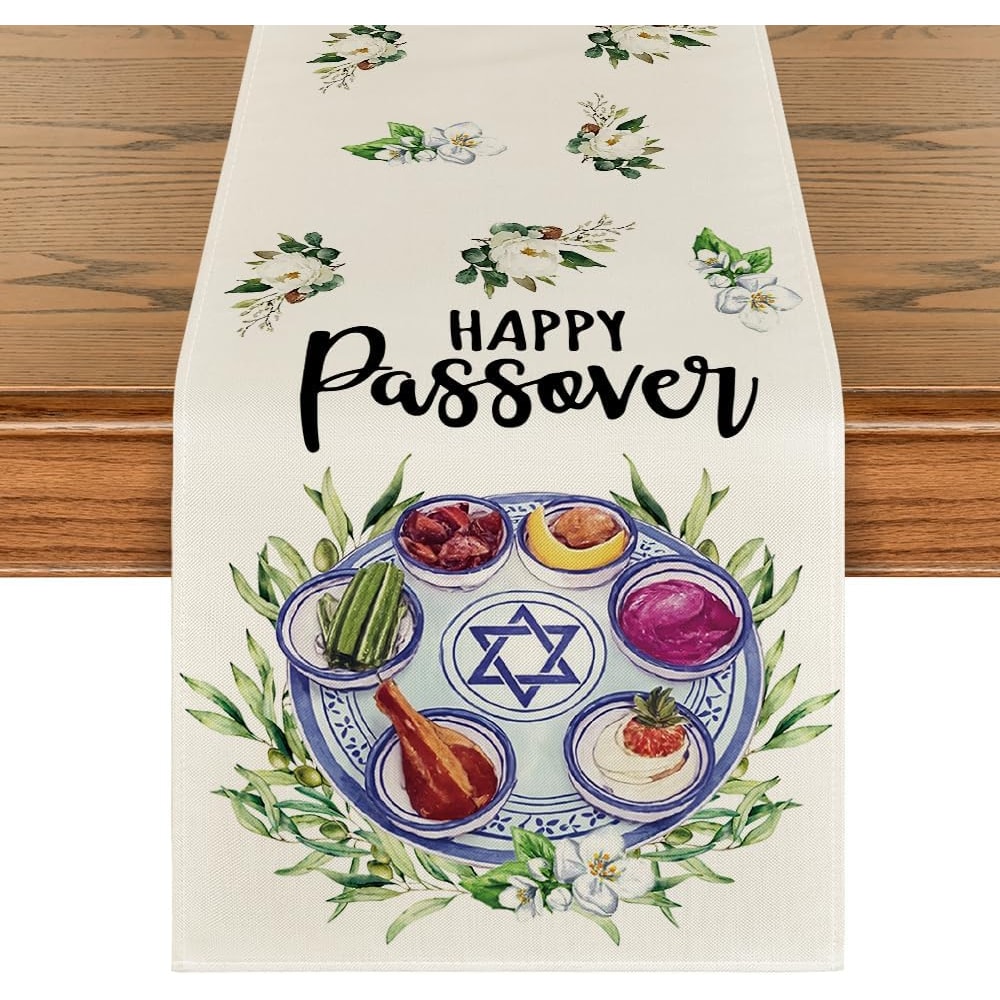 Happy Passover Linen Table Runner For Pesach Seder 0