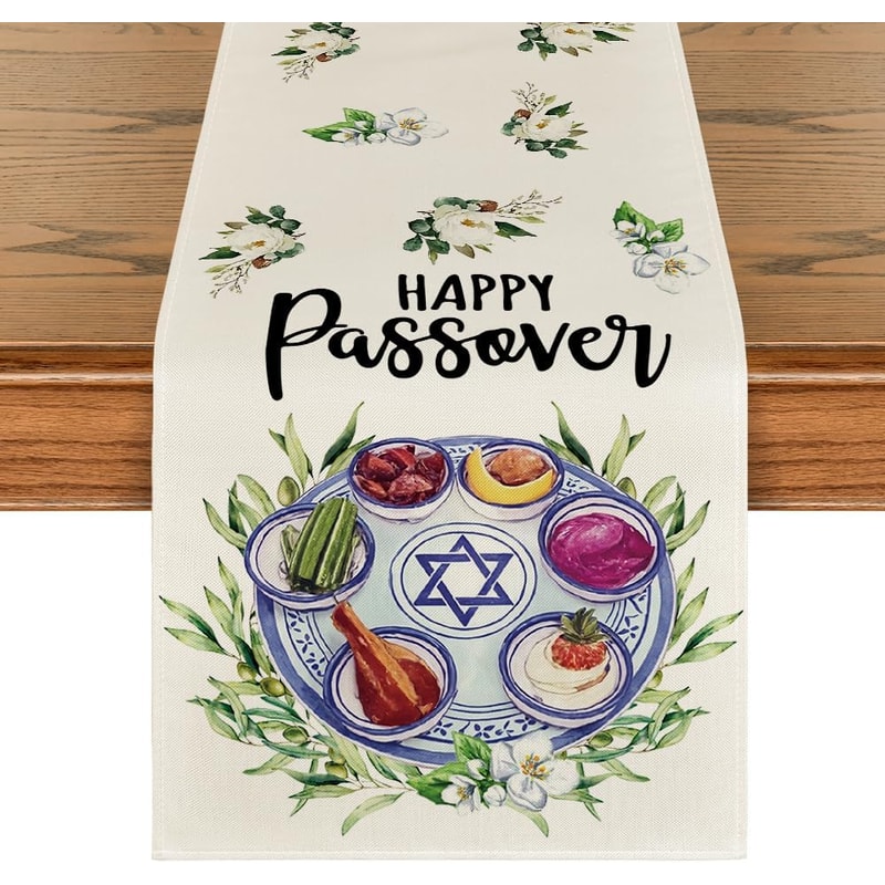 Happy Passover Linen Table Runner For Pesach Seder 0