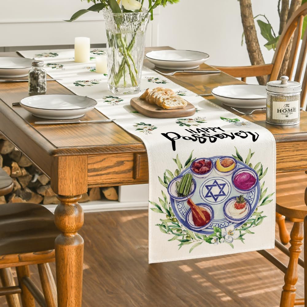 Happy Passover Linen Table Runner For Pesach Seder 3
