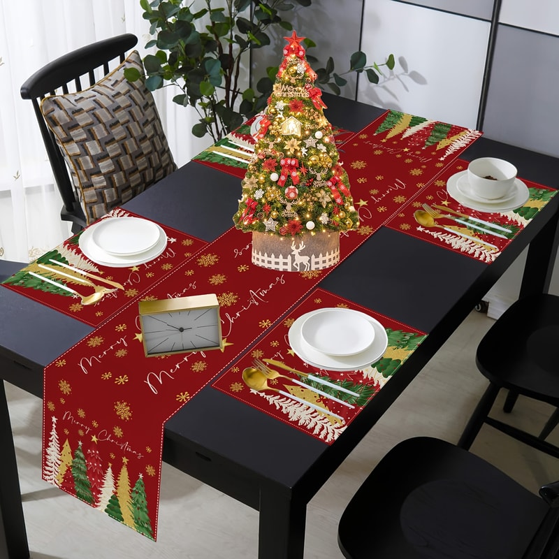 Christmas Table Runner With Snowflake And Tree Print For Holiday Dining Decor 3