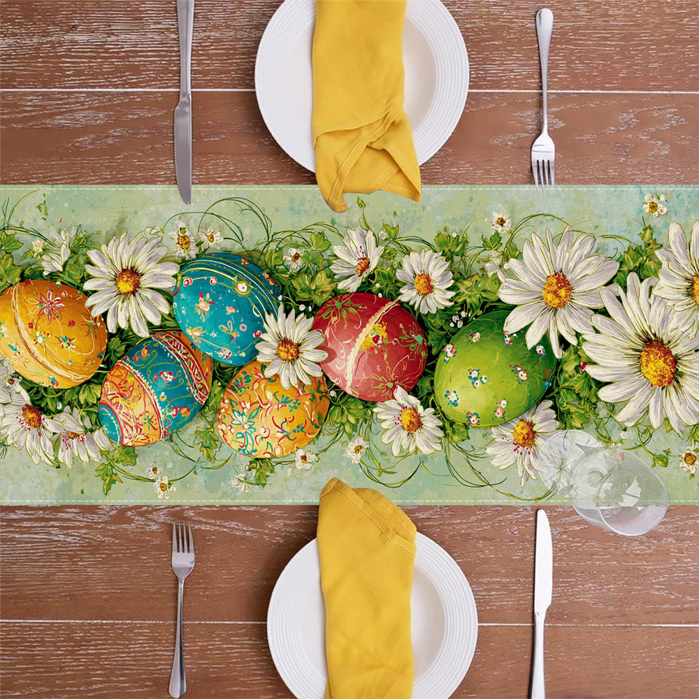 Farmhouse Easter Daisy Linen Table Runner For Spring Dining Table Decor 3