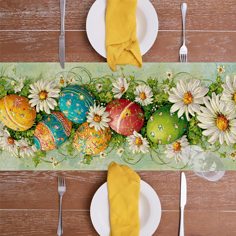 Farmhouse Easter Daisy Linen Table Runner For Spring Dining Table Decor 3