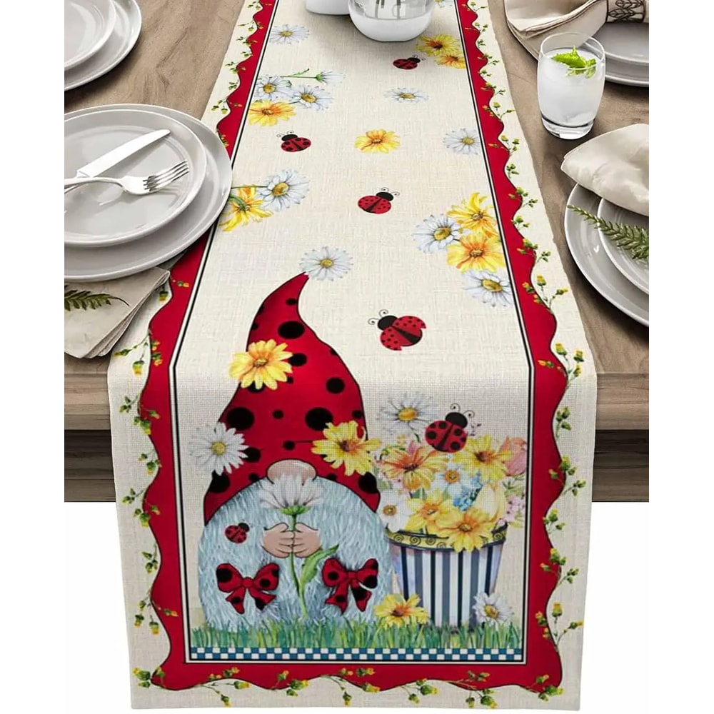 Spring Gnome Ladybug Linen Table Runner For Farmhouse Kitchen Decor 0