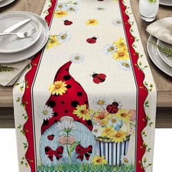 spring gnome ladybug linen table runner for farmhouse kitchen decor