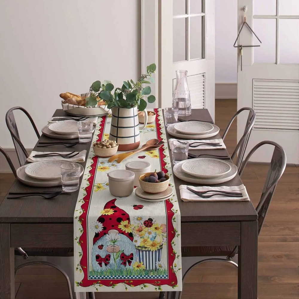Spring Gnome Ladybug Linen Table Runner For Farmhouse Kitchen Decor 3