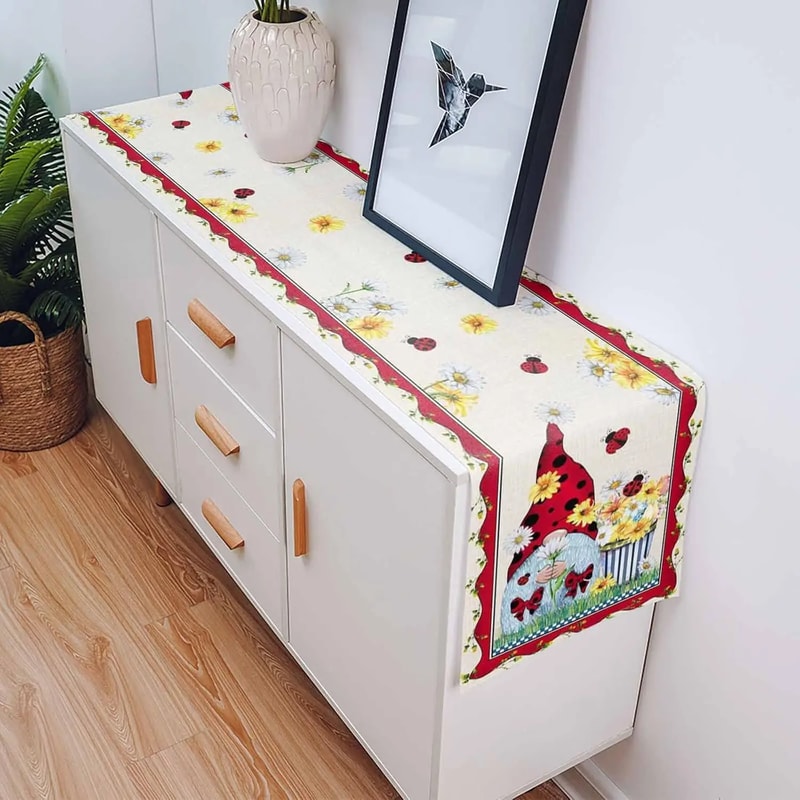 Spring Gnome Ladybug Linen Table Runner For Farmhouse Kitchen Decor 4