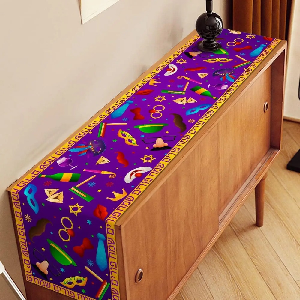 Happy Purim Linen Table Runner For Jewish Holiday Table Decor 2